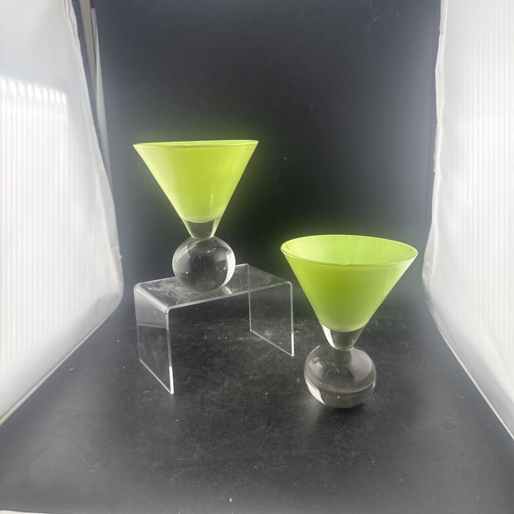 Modern Lime Green Frosted Martini Glasses with Clear Bubble Ball Base Set of 2